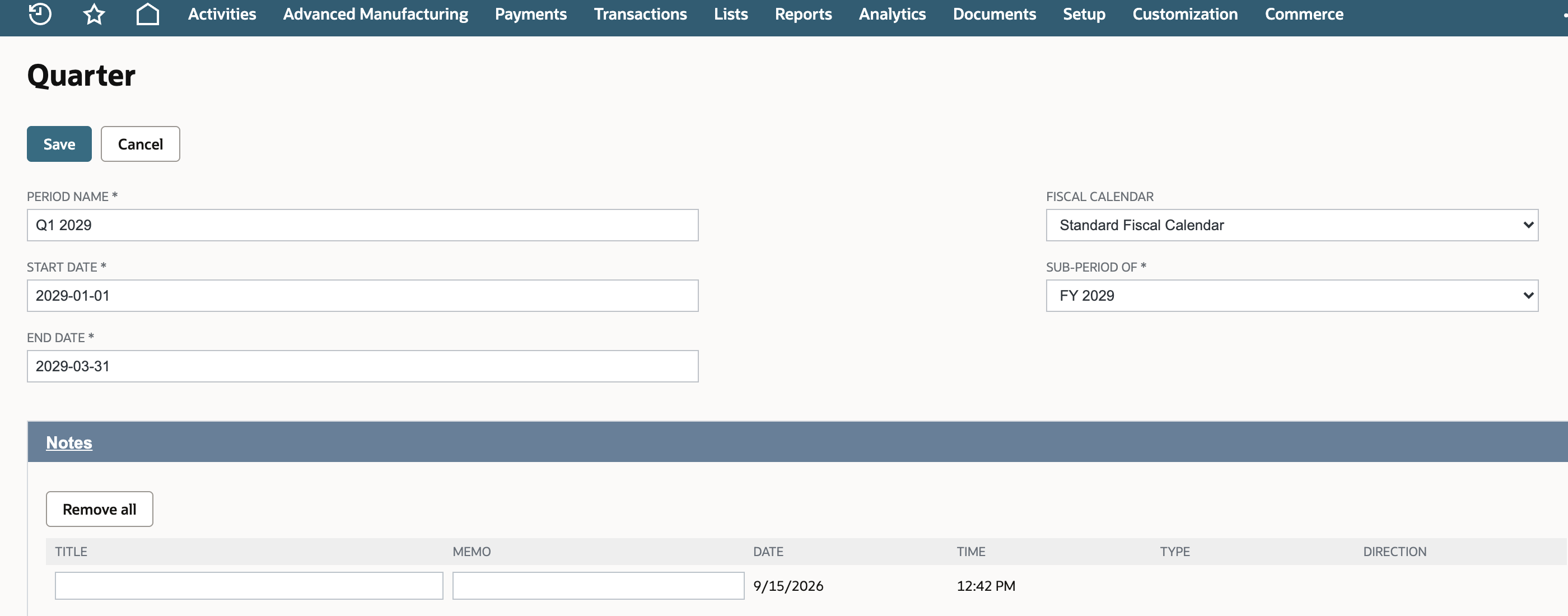 Quarter form filled for Q1 2029 with dates January 1 to March 31 and parent FY 2029