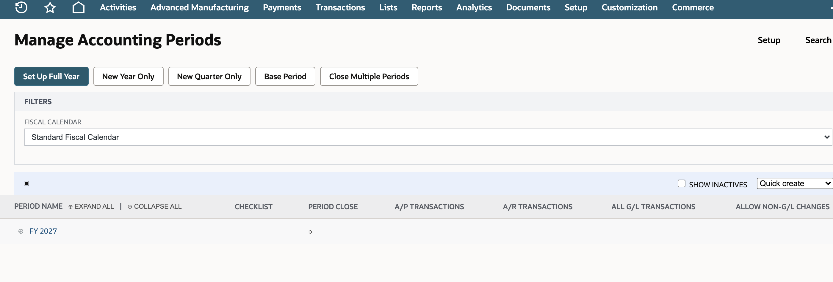 Manage Accounting Periods filtered to Standard Fiscal Calendar with FY 2027 before FY 2028