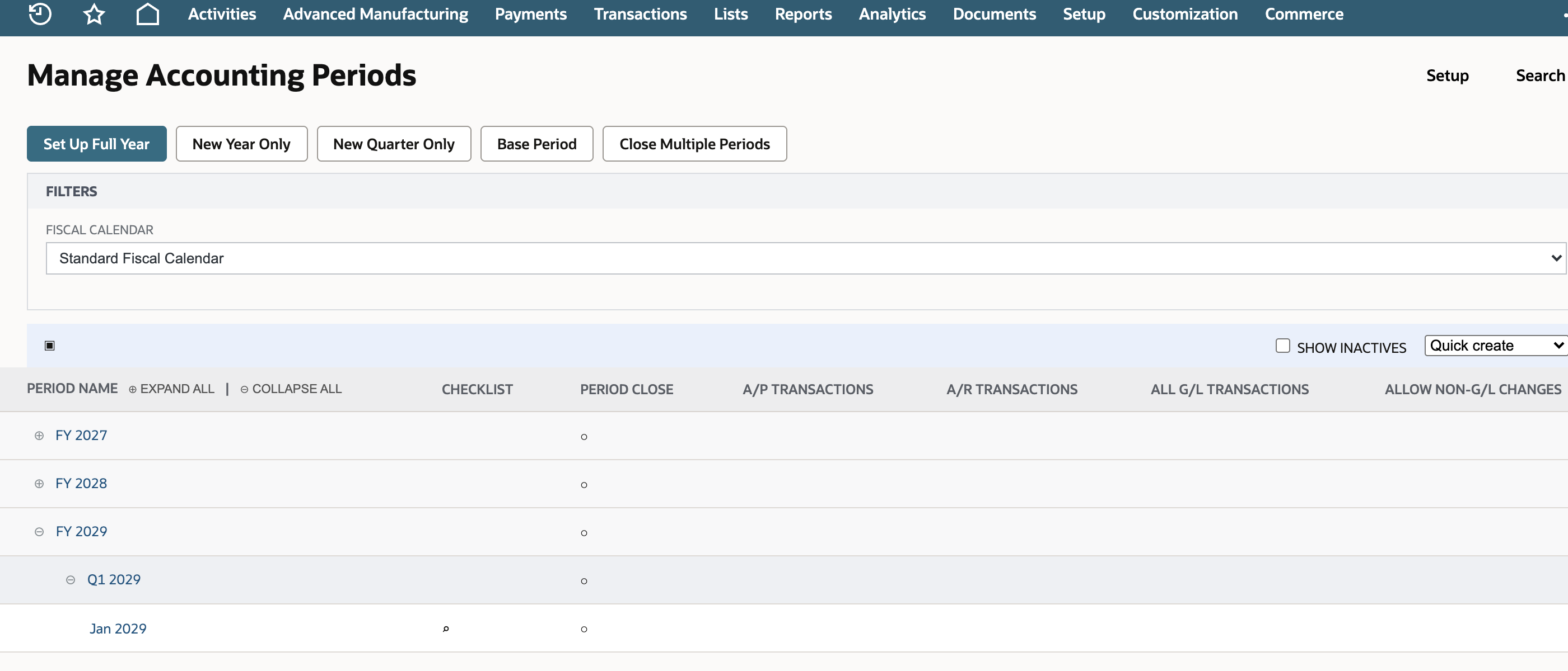 Manage Accounting Periods showing FY 2029 with Q1 2029 and Jan 2029 beneath it