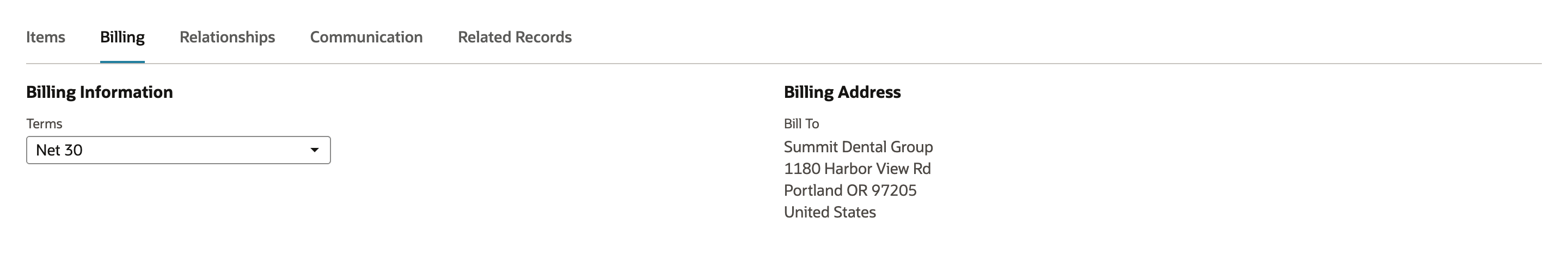 Billing subtab of the invoice with Terms set to Net 30.