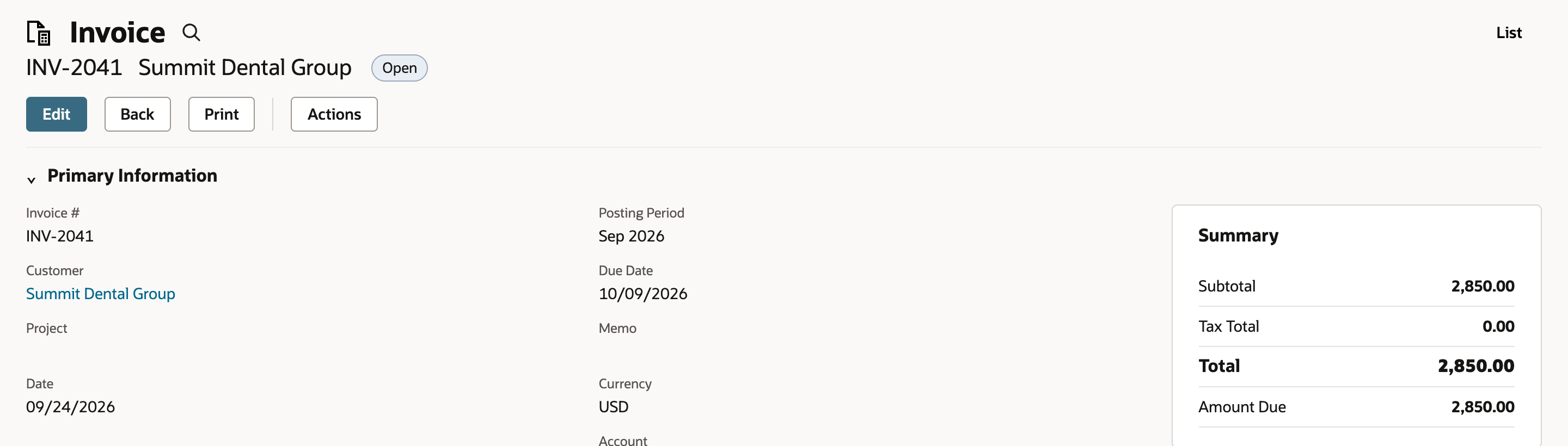 Saved invoice INV-2041 for Summit Dental Group with status Open, Due Date 10/09/2026, Total 2,850.00 and Amount Due 2,850.00.