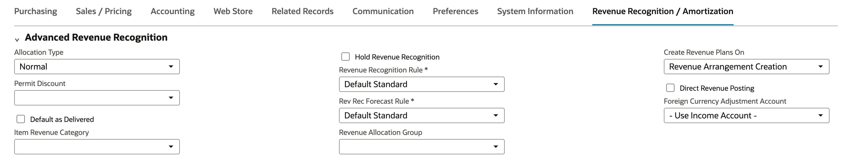 New Service for Sale item, Revenue Recognition / Amortization subtab, with Revenue Recognition Rule and Rev Rec Forecast Rule set to Default Standard and Create Revenue Plans On set to Revenue Arrangement Creation.