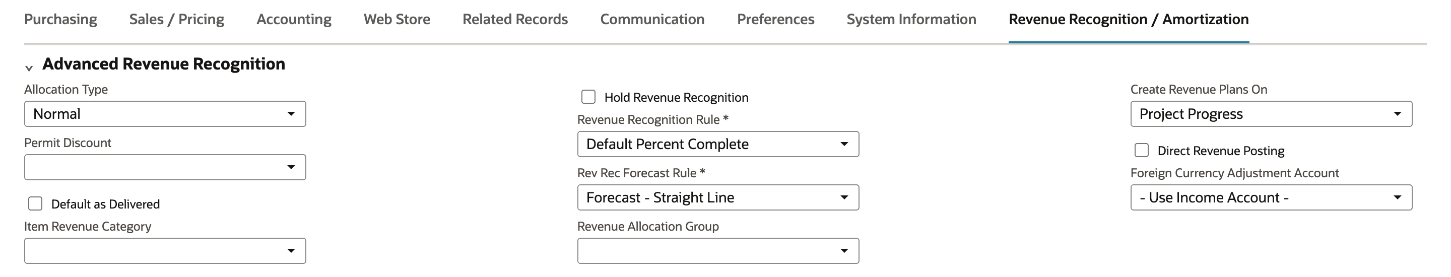 The item's Revenue Recognition / Amortization subtab with Revenue Recognition Rule Default Percent Complete, Rev Rec Forecast Rule Forecast - Straight Line, and Create Revenue Plans On Project Progress.