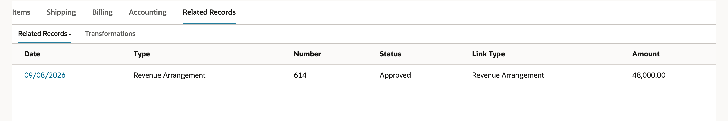 Sales order Related Records subtab listing a Revenue Arrangement numbered 614, status Approved, amount 48,000.00, with a red arrow pointing at the date link on the row.