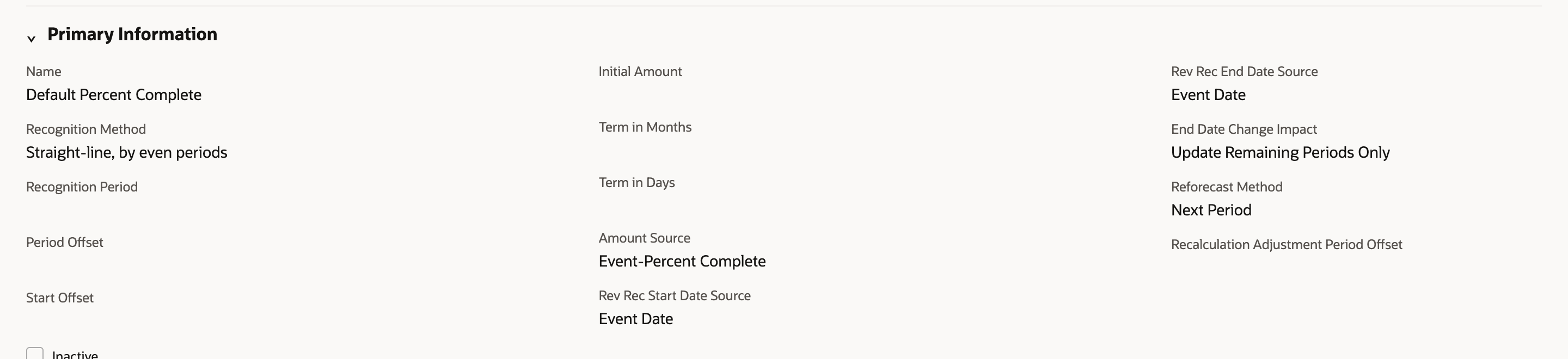 Revenue Recognition Rule Default Percent Complete with Amount Source Event-Percent Complete, Rev Rec Start Date Source Event Date and Rev Rec End Date Source Event Date, with a red arrow pointing at Event-Percent Complete.