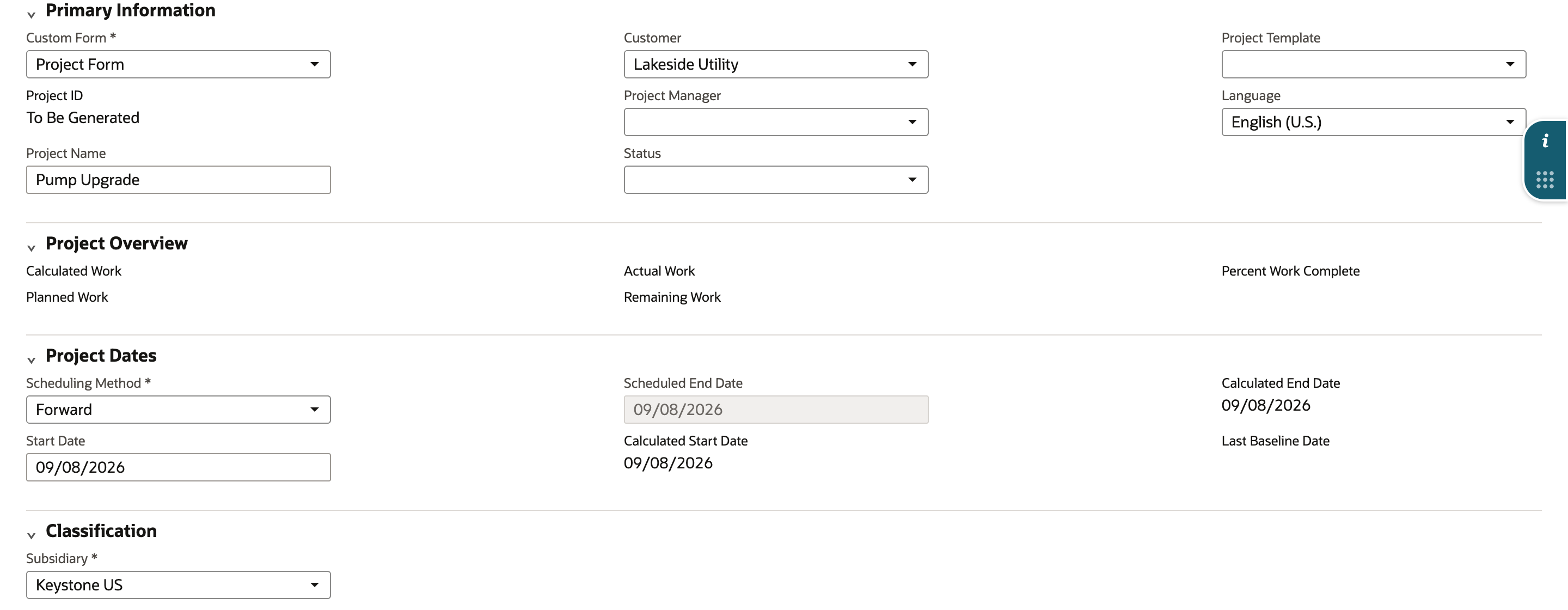New project form with Project Name Pump Upgrade, Customer Lakeside Utility, Start Date 09/08/2026 and Subsidiary Keystone US.