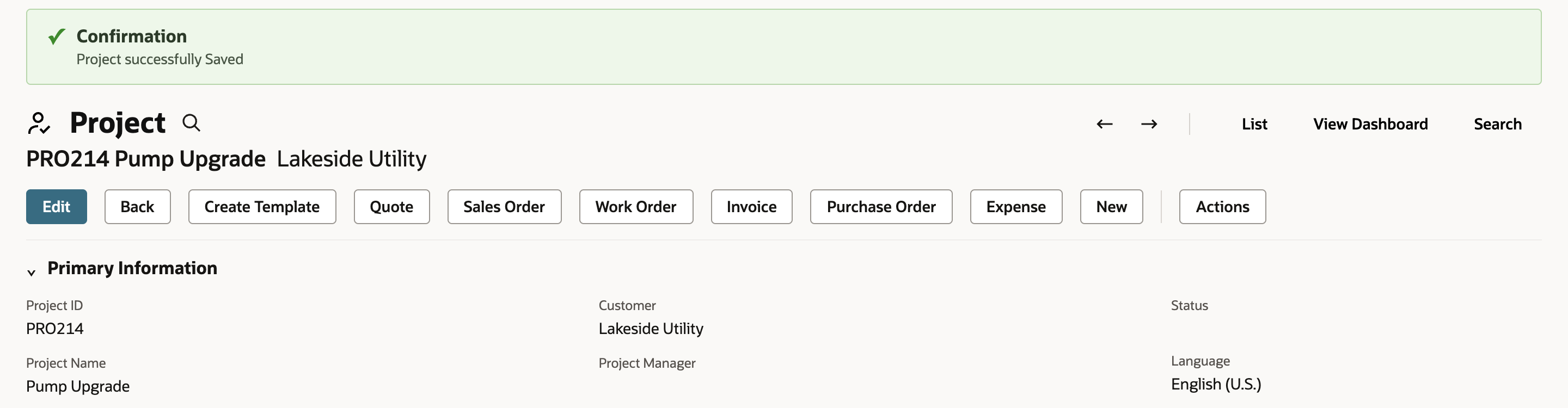 Saved project PRO214 Pump Upgrade for Lakeside Utility under a Project successfully Saved confirmation.