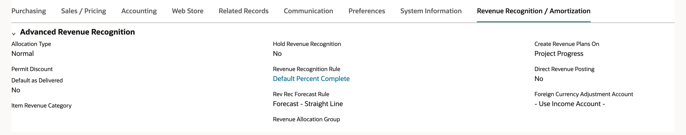 Saved item showing Create Revenue Plans On Project Progress and Revenue Recognition Rule as the link Default Percent Complete, with a red arrow pointing at the link.