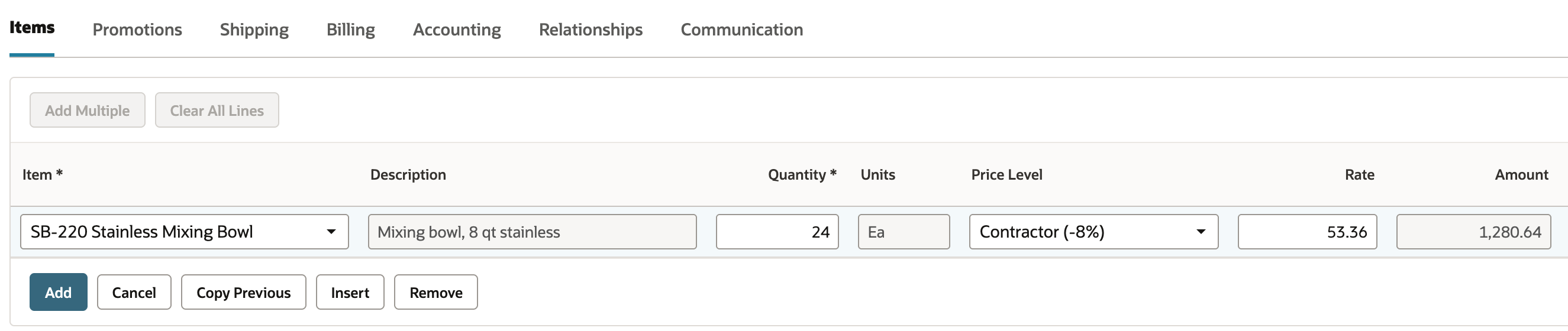 Sales order item line with Quantity 24, Price Level Contractor (-8%), Rate 53.36, and Amount 1,280.64
