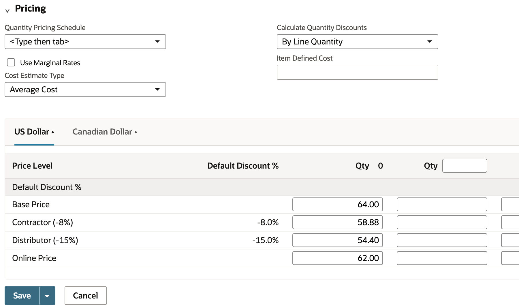 NetSuite item in edit mode with Calculate Quantity Discounts set to By Line Quantity and an empty second Qty header box