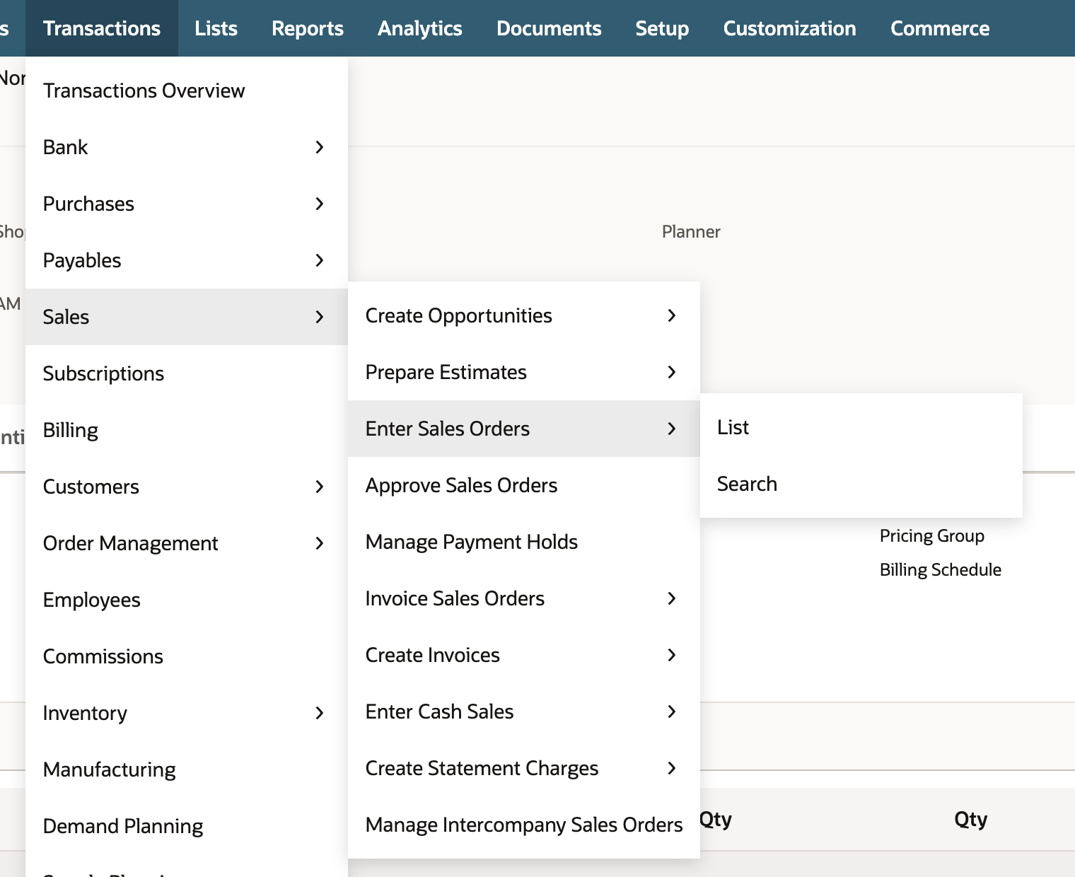 NetSuite Transactions menu open to Sales with Enter Sales Orders highlighted