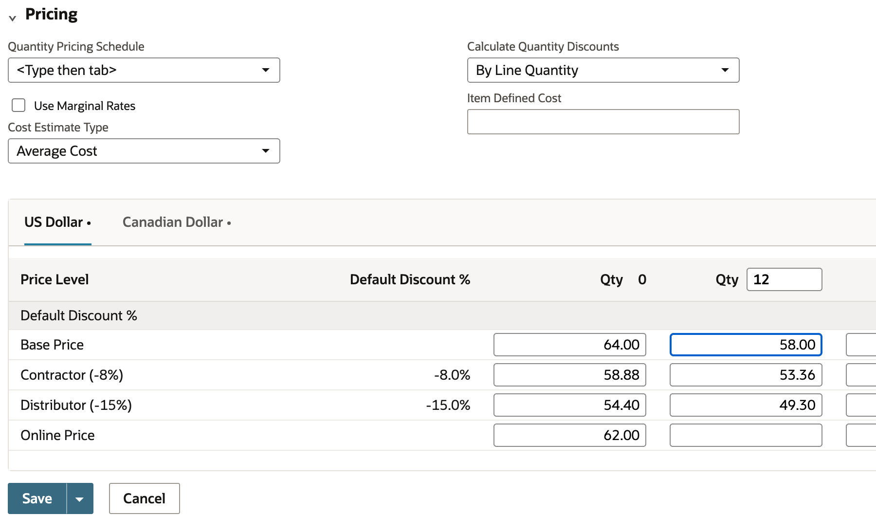 Pricing matrix in edit mode with Qty 12, Base Price 58.00, Contractor (-8%) 53.36, and Distributor (-15%) 49.30 in the new column