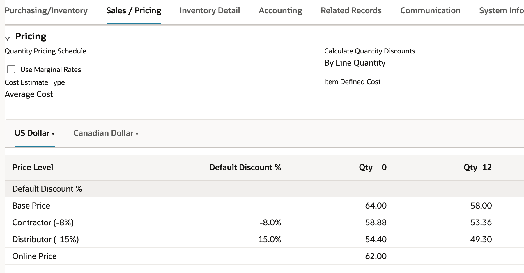 Saved NetSuite item pricing matrix with a Qty 12 column showing Base Price 58.00, Contractor (-8%) 53.36, and Distributor (-15%) 49.30