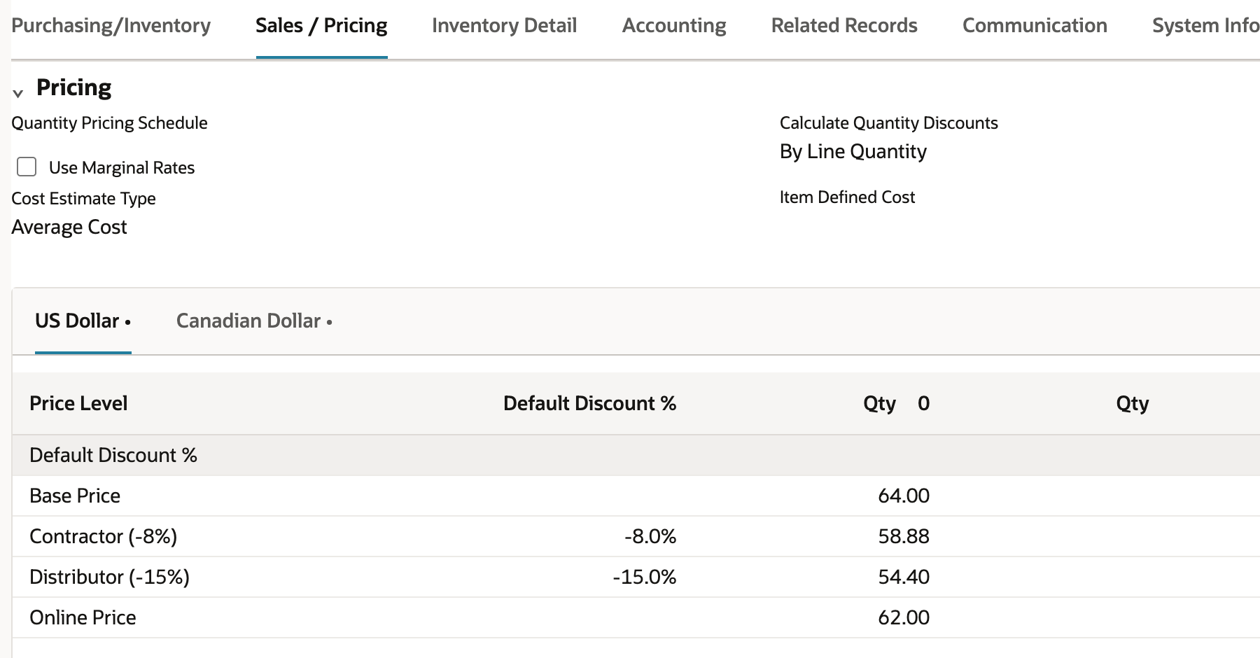 NetSuite item Sales / Pricing subtab with Base Price 64.00 and Contractor (-8%) 58.88 in the Qty 0 column and the other Qty columns empty