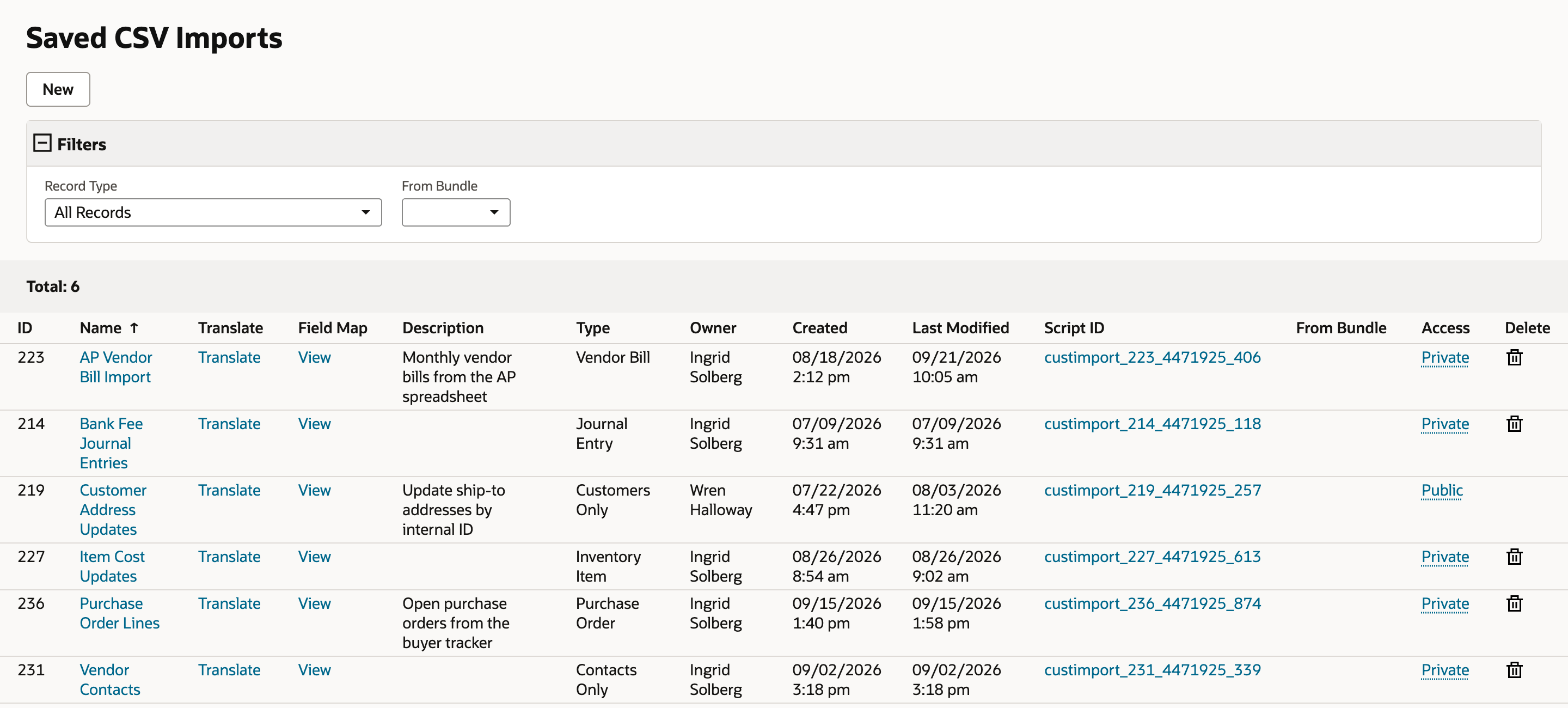 Saved CSV Imports list, Total 6. AP Vendor Bill Import, ID 223, type Vendor Bill, owner Ingrid Solberg, Last Modified 09/21/2026 10:05 am, Access Private. Customer Address Updates, owner Wren Halloway, Access Public.