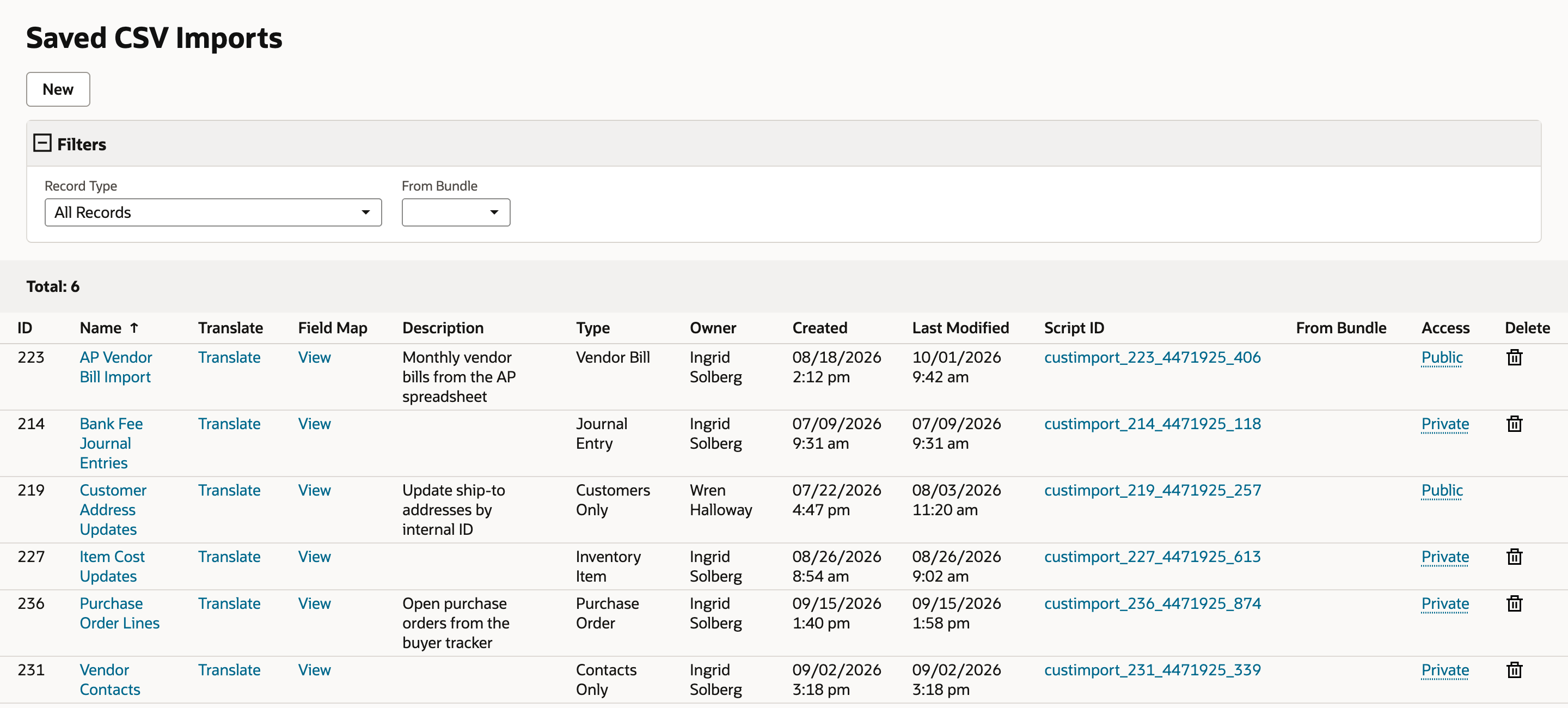 Saved CSV Imports list after saving. AP Vendor Bill Import, ID 223, Last Modified 10/01/2026 9:42 am, Access Public. The other Ingrid Solberg imports are still Private.