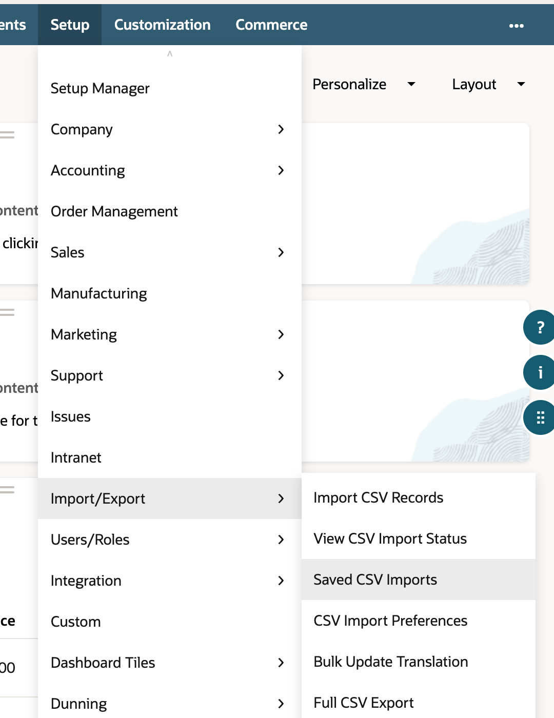 Setup menu with Import/Export expanded. The submenu lists Import CSV Records, View CSV Import Status, Saved CSV Imports, CSV Import Preferences, Bulk Update Translation and Full CSV Export.