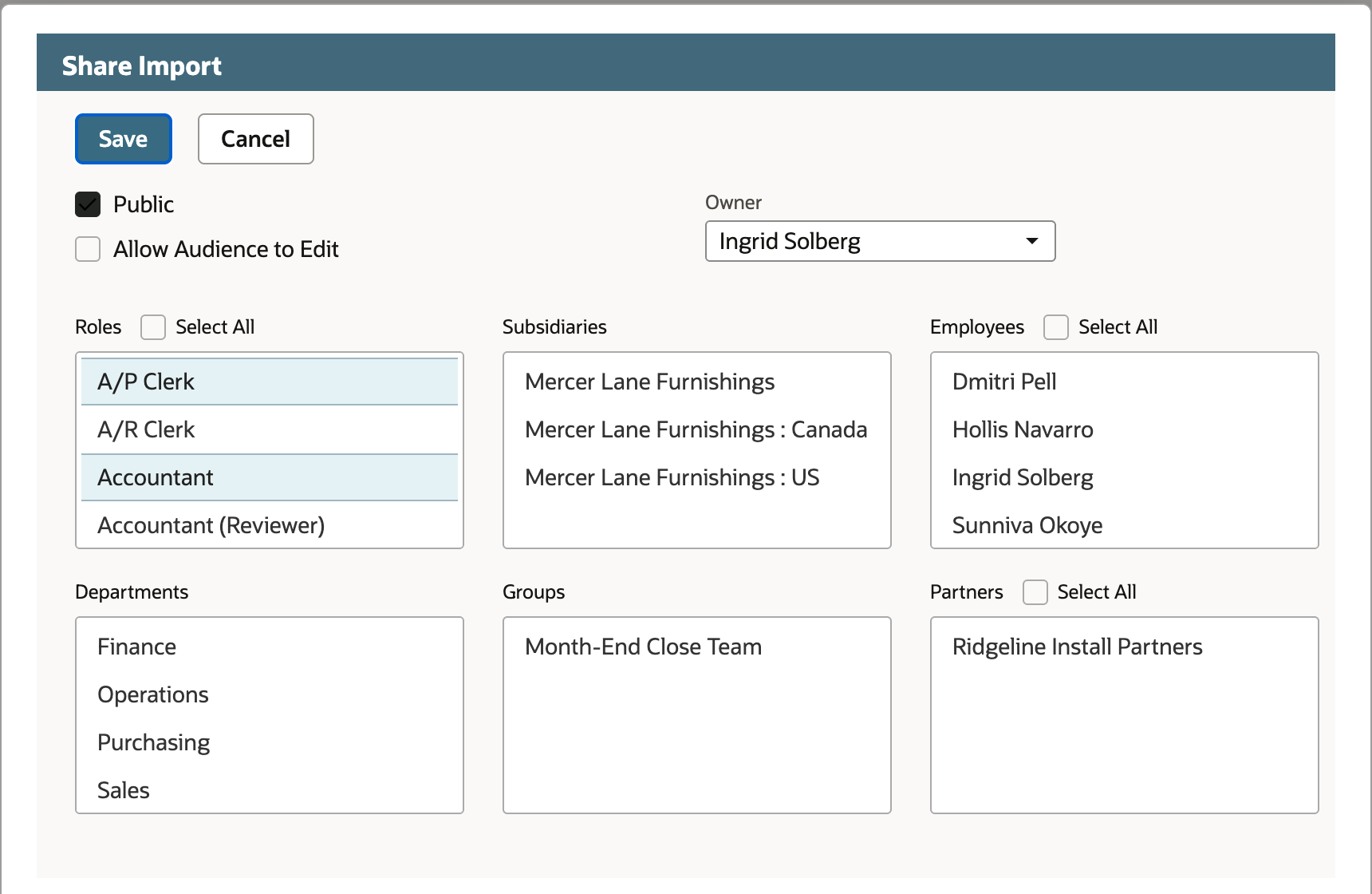 Share Import reopened from Public. Public is checked, A/P Clerk and Accountant are selected, and Allow Audience to Edit is now an active, unchecked checkbox.