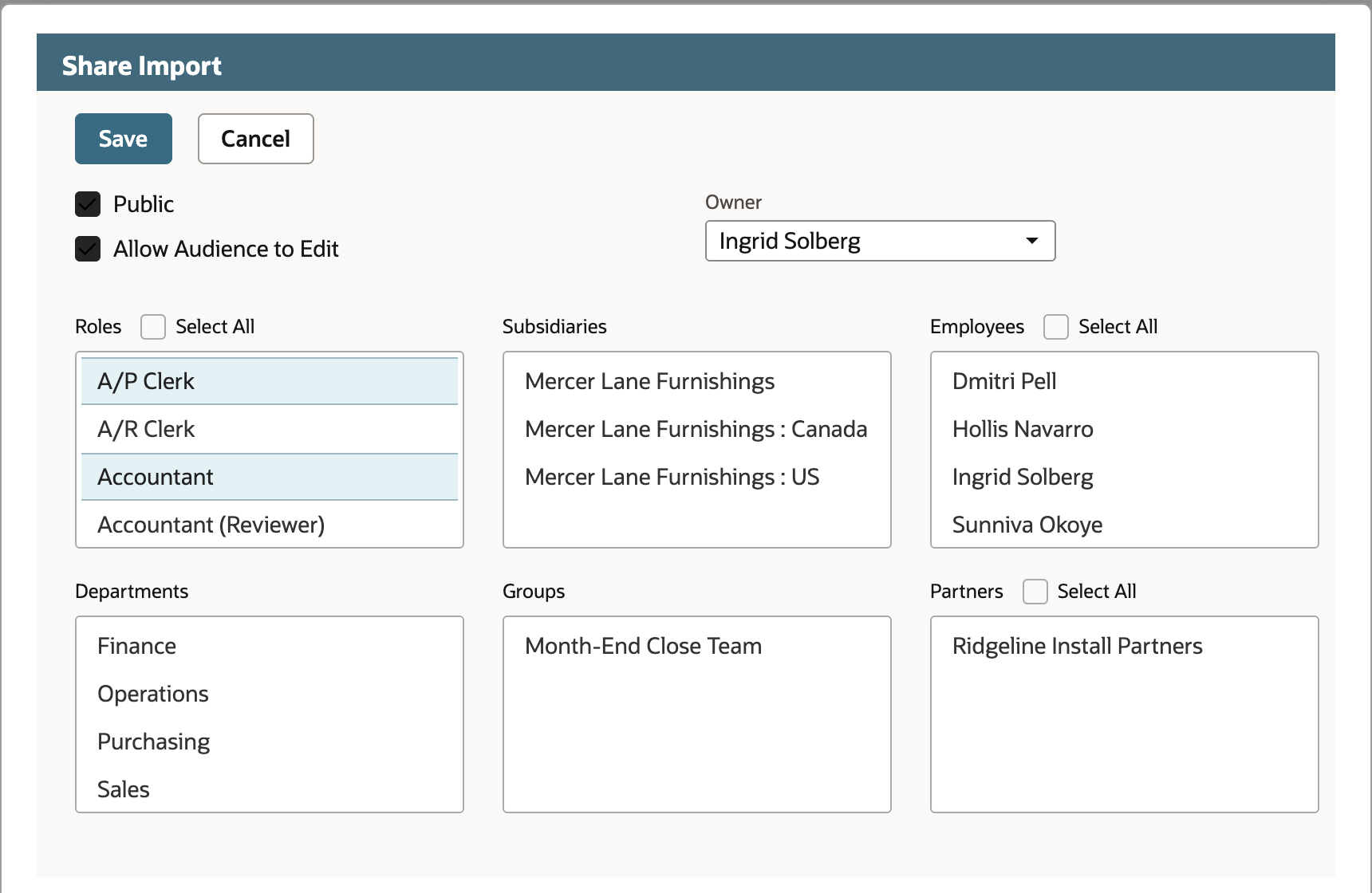 Share Import with Public and Allow Audience to Edit both checked, and A/P Clerk and Accountant selected in the Roles list, before Save.