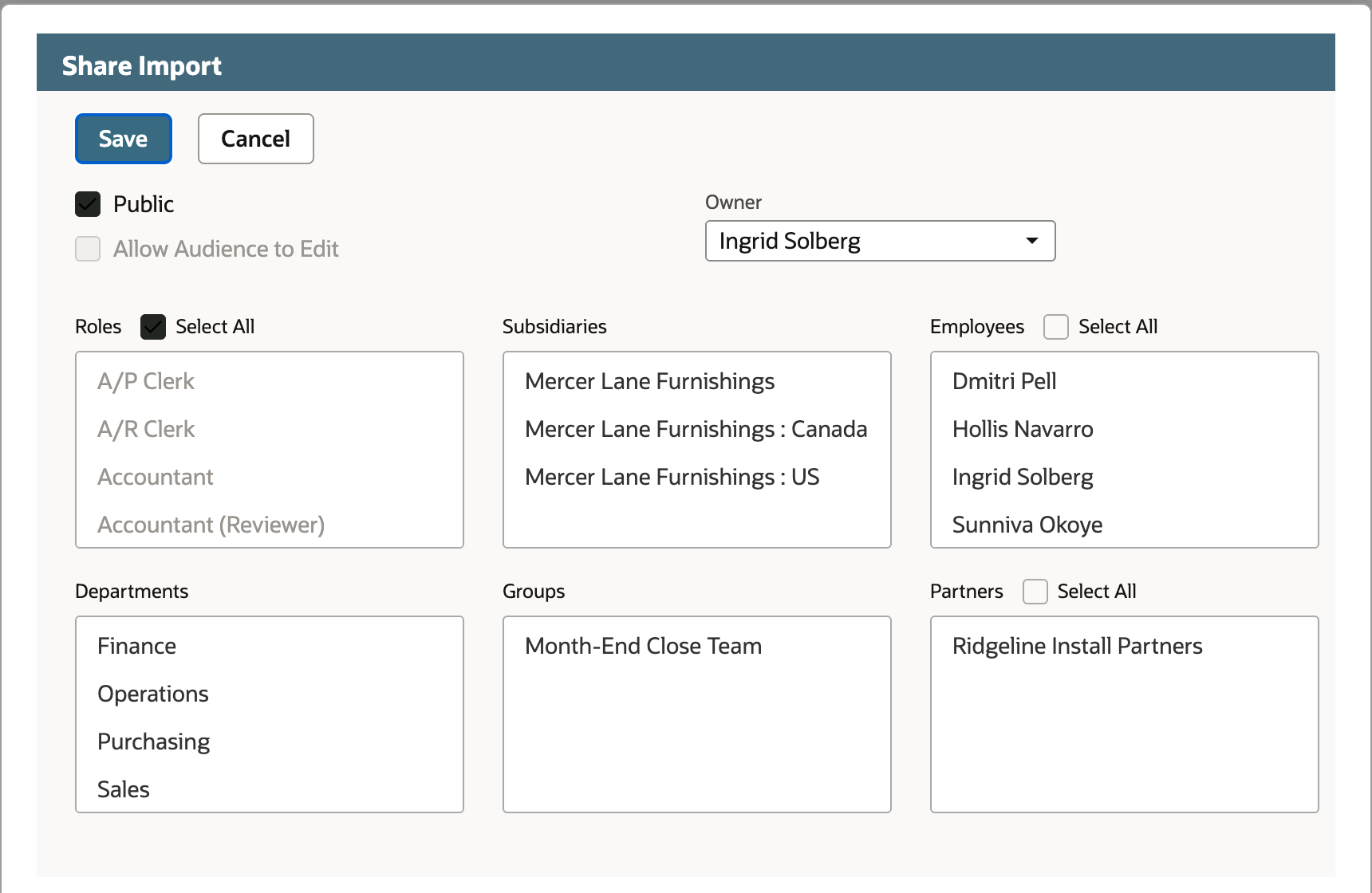 Share Import with Public checked. Roles Select All is checked and the role list, A/P Clerk, A/R Clerk, Accountant and Accountant (Reviewer), is dimmed. Allow Audience to Edit is still greyed out.