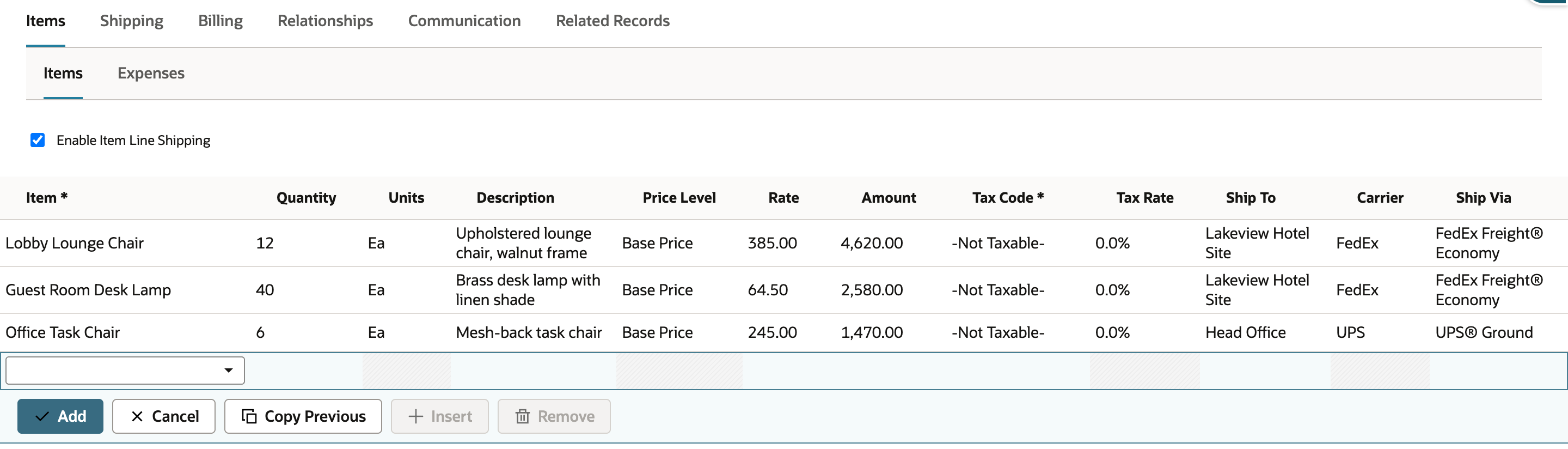 Items subtab with Lobby Lounge Chair and Guest Room Desk Lamp routed to Lakeview Hotel Site by FedEx Freight® Economy and Office Task Chair still on Head Office by UPS® Ground.