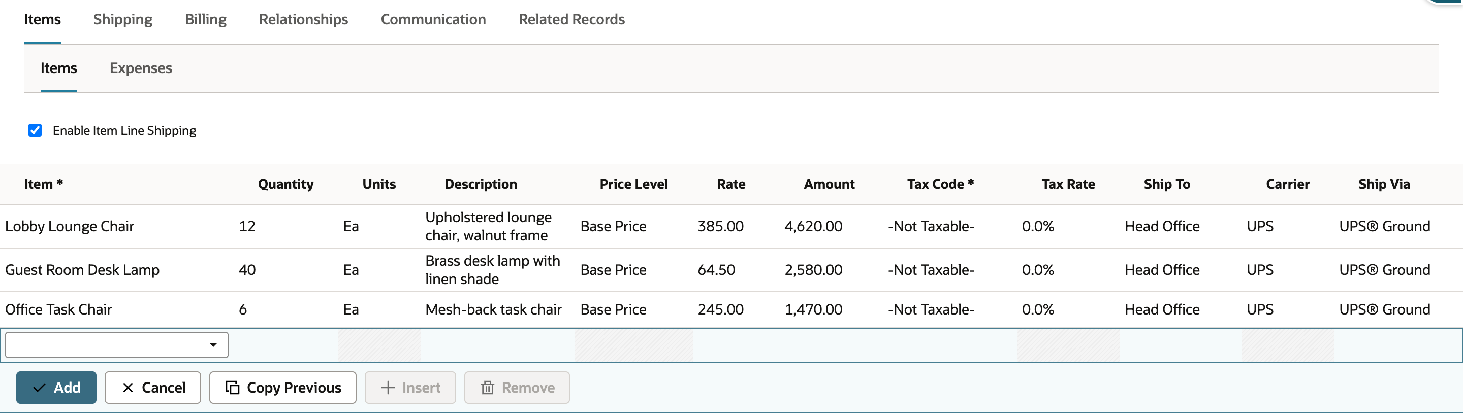 SO-4417 in edit mode, Items subtab, with Enable Item Line Shipping checked and Ship To, Carrier, and Ship Via columns showing Head Office, UPS, and UPS® Ground on all three lines.