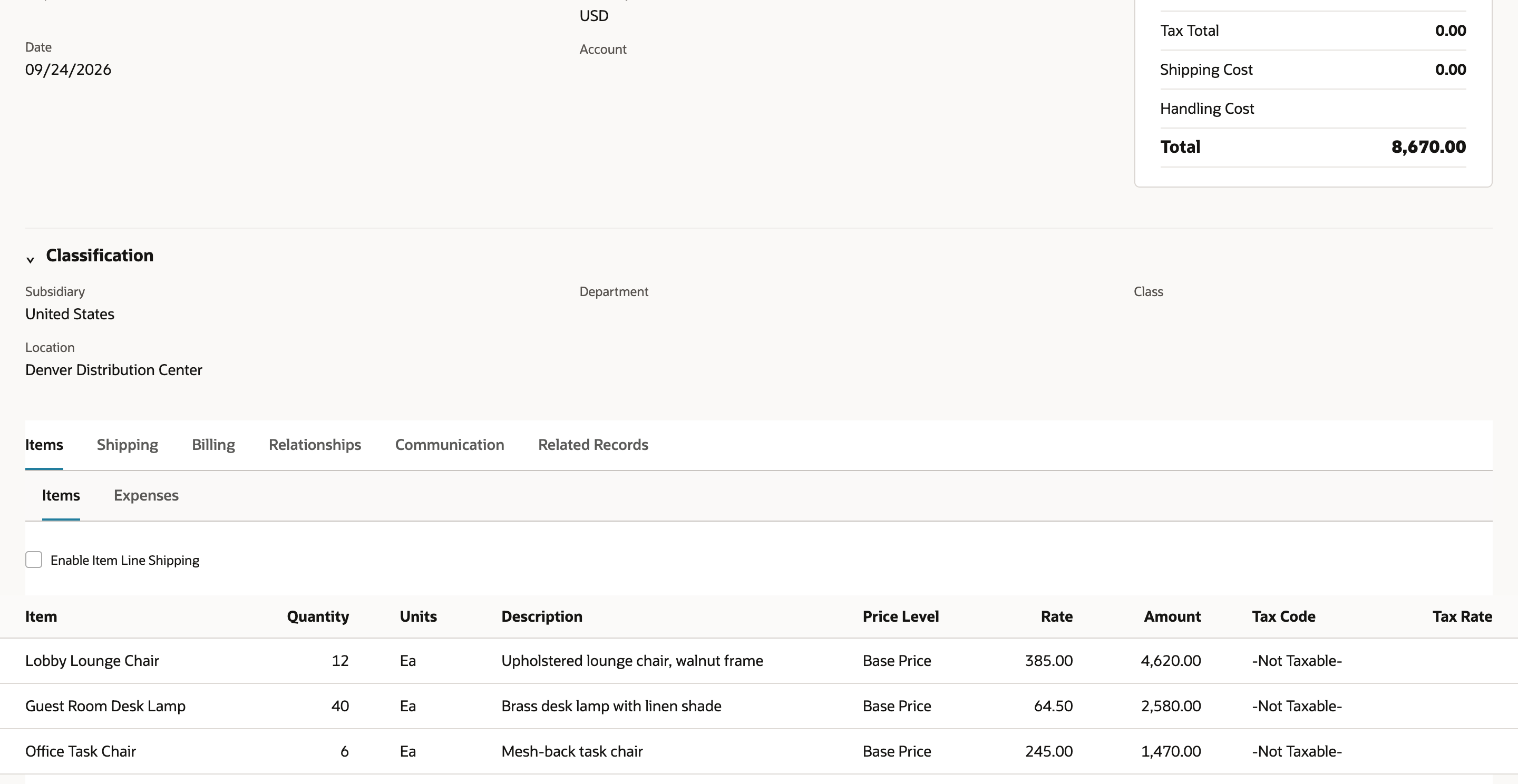Sales order SO-4417 for Alderbrook Hospitality Group, Pending Fulfillment, with Shipping Cost 0.00, Total 8,670.00, Enable Item Line Shipping cleared, and three item lines.