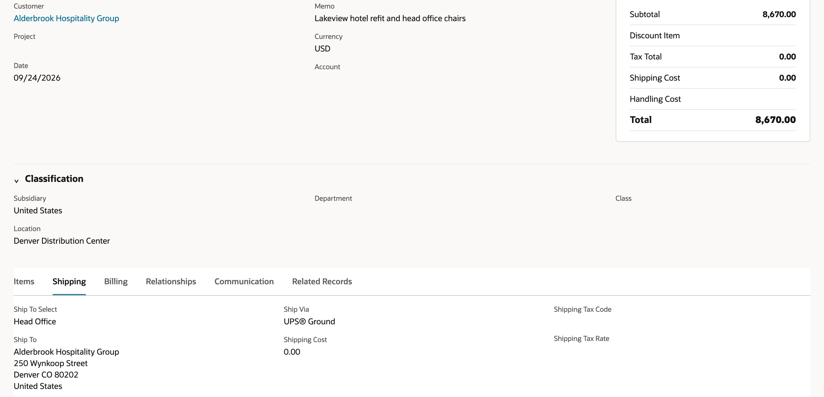 SO-4417 Shipping subtab with Ship To Select Head Office, Ship To 250 Wynkoop Street Denver CO 80202, Ship Via UPS® Ground, and Shipping Cost 0.00.