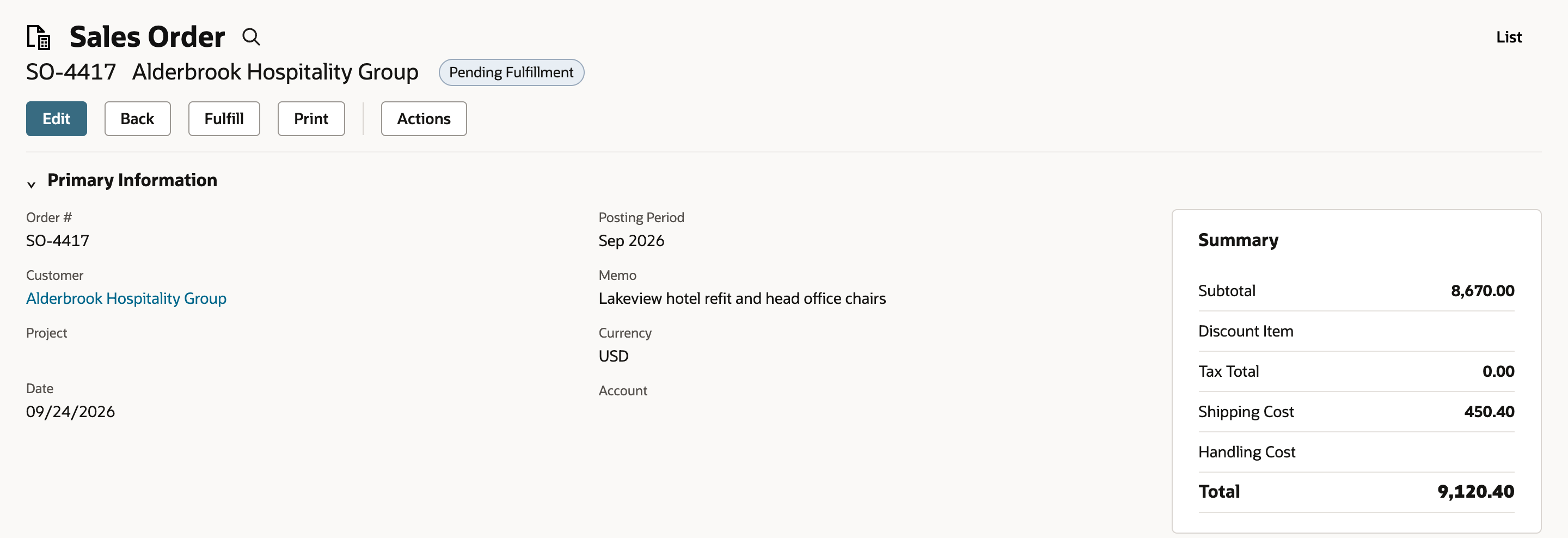 Saved sales order SO-4417, Pending Fulfillment, with Subtotal 8,670.00, Shipping Cost 450.40, and Total 9,120.40.