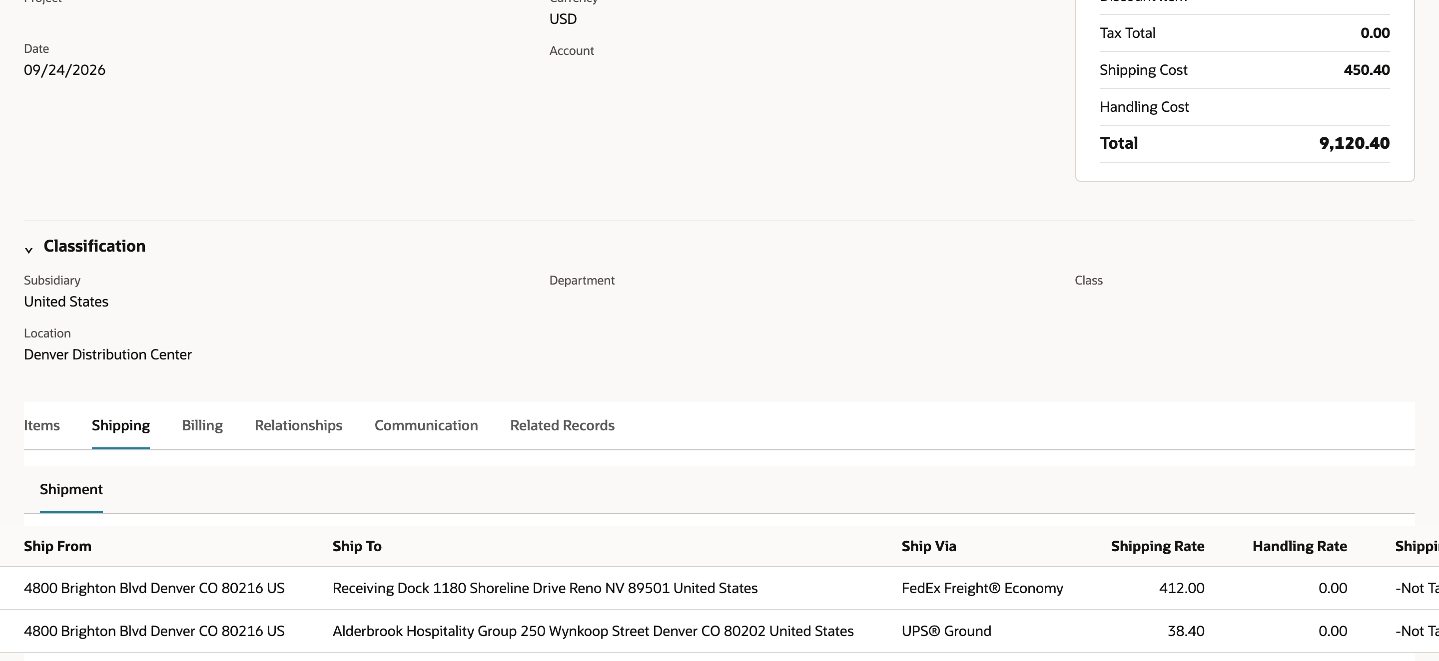 Saved SO-4417 with Shipping Cost 450.40 and Total 9,120.40, and the Shipping subtab listing the Reno shipment at 412.00 and the Denver shipment at 38.40.