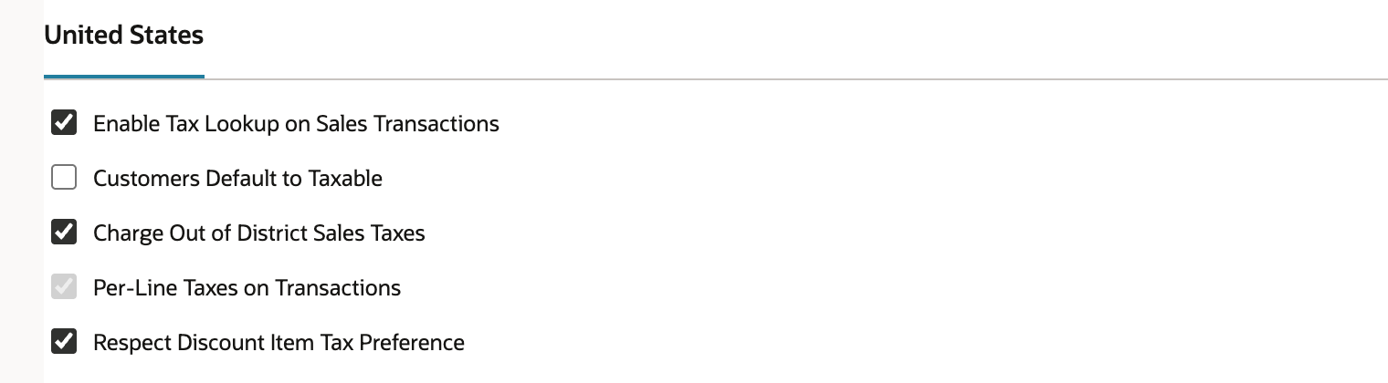 Set Up Taxes, United States subtab, with Per-Line Taxes on Transactions checked (greyed out) among the tax options.