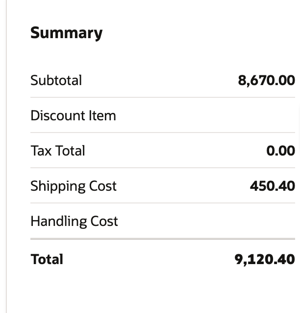 Sales order Summary in edit mode: Subtotal 8,670.00, Shipping Cost 450.40, Total 9,120.40.