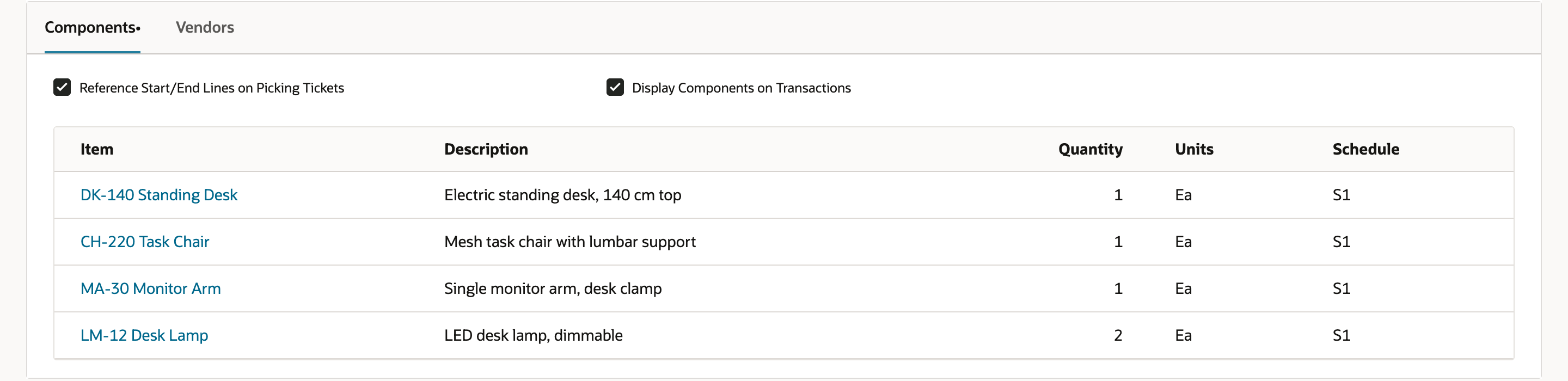 Saved item group Home Office Starter Set, Components subtab, with Display Components on Transactions checked and the same four components. An arrow points to Display Components on Transactions.