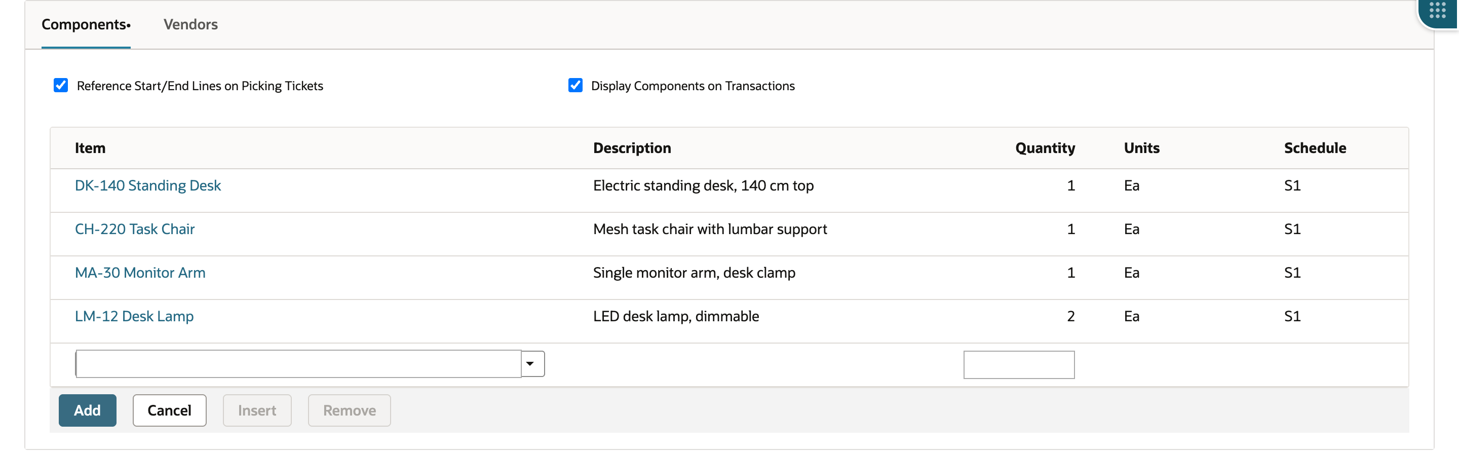 Item group in edit mode, Components subtab. Reference Start/End Lines on Picking Tickets and Display Components on Transactions are both checked. The component grid lists the four items with an empty add row and Add, Cancel, Insert and Remove buttons. An arrow points to Display Components on Transactions.