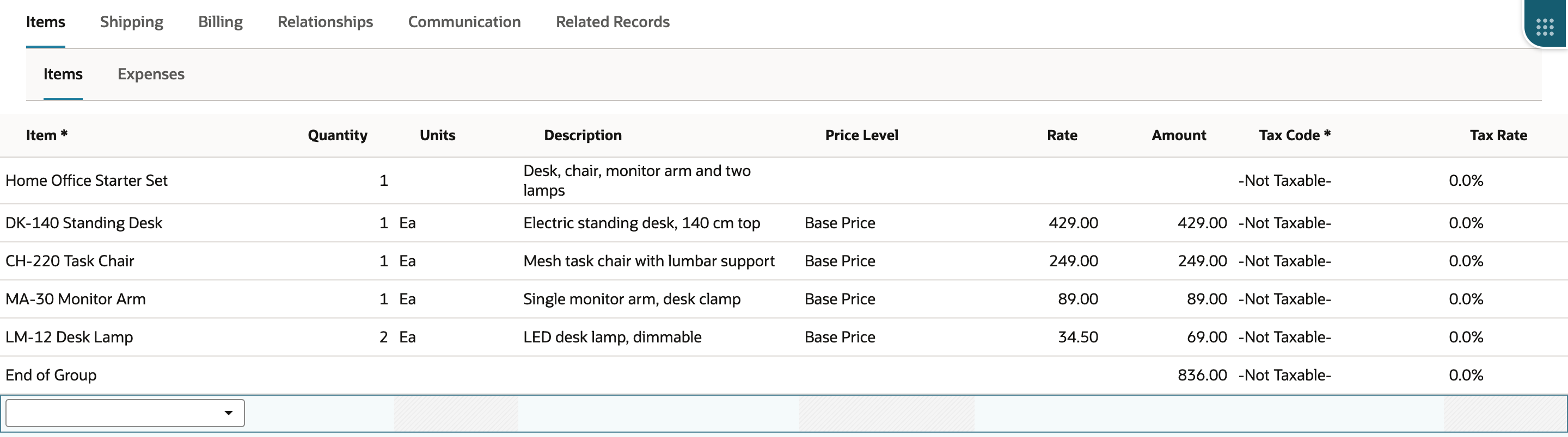 Sales order Items subtab: Home Office Starter Set quantity 1 with no amount, DK-140 Standing Desk 429.00, CH-220 Task Chair 249.00, MA-30 Monitor Arm 89.00, LM-12 Desk Lamp quantity 2 at 34.50 for 69.00, and End of Group 836.00.