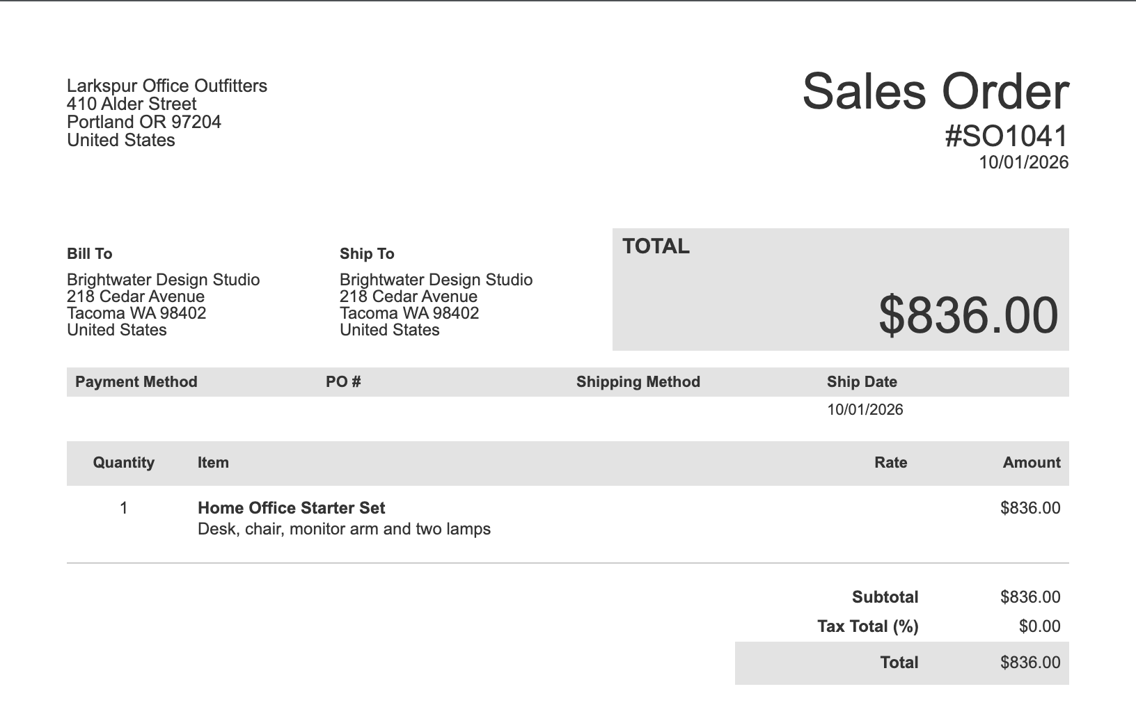 Printed Sales Order #SO1041 dated 10/01/2026 for Brightwater Design Studio. The item table has one row: quantity 1, Home Office Starter Set, Desk, chair, monitor arm and two lamps, Amount $836.00. Subtotal $836.00, Tax Total (%) $0.00, Total $836.00.