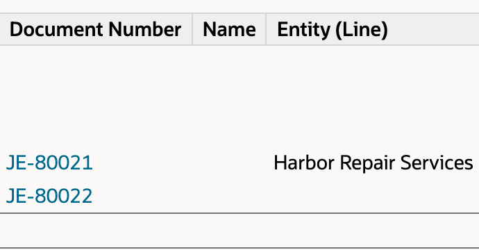 Custom Income Statement Detail preview shows Harbor Repair Services for JE-80021 at 325.00; JE-80022 has no line entity and remains blank at 45.00.