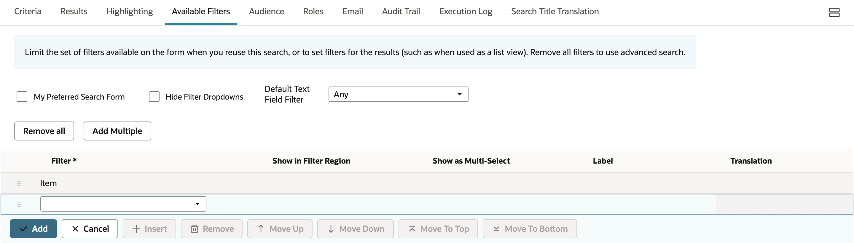 The Available Filters subtab with one filter row, Item, and an empty line below it.