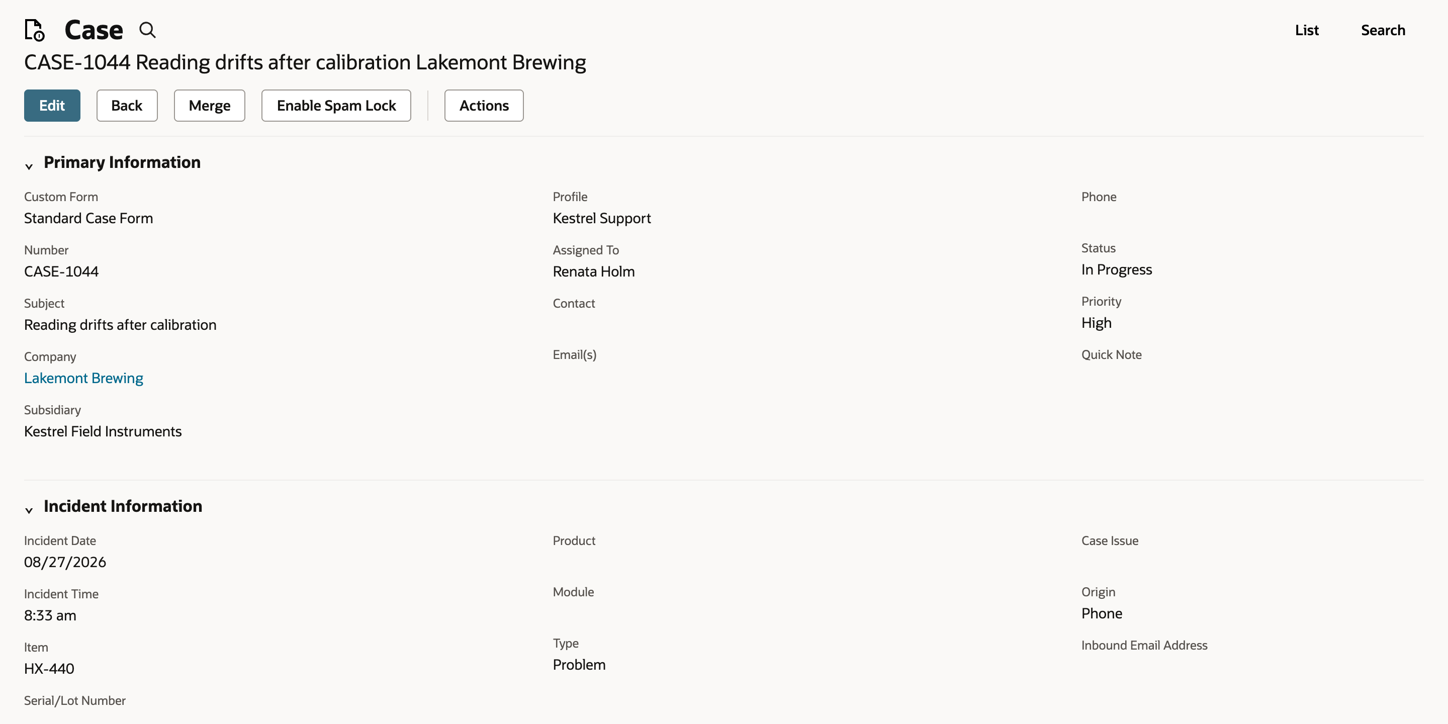 Case CASE-1044 Reading drifts after calibration for Lakemont Brewing, with Incident Information showing Item HX-440.