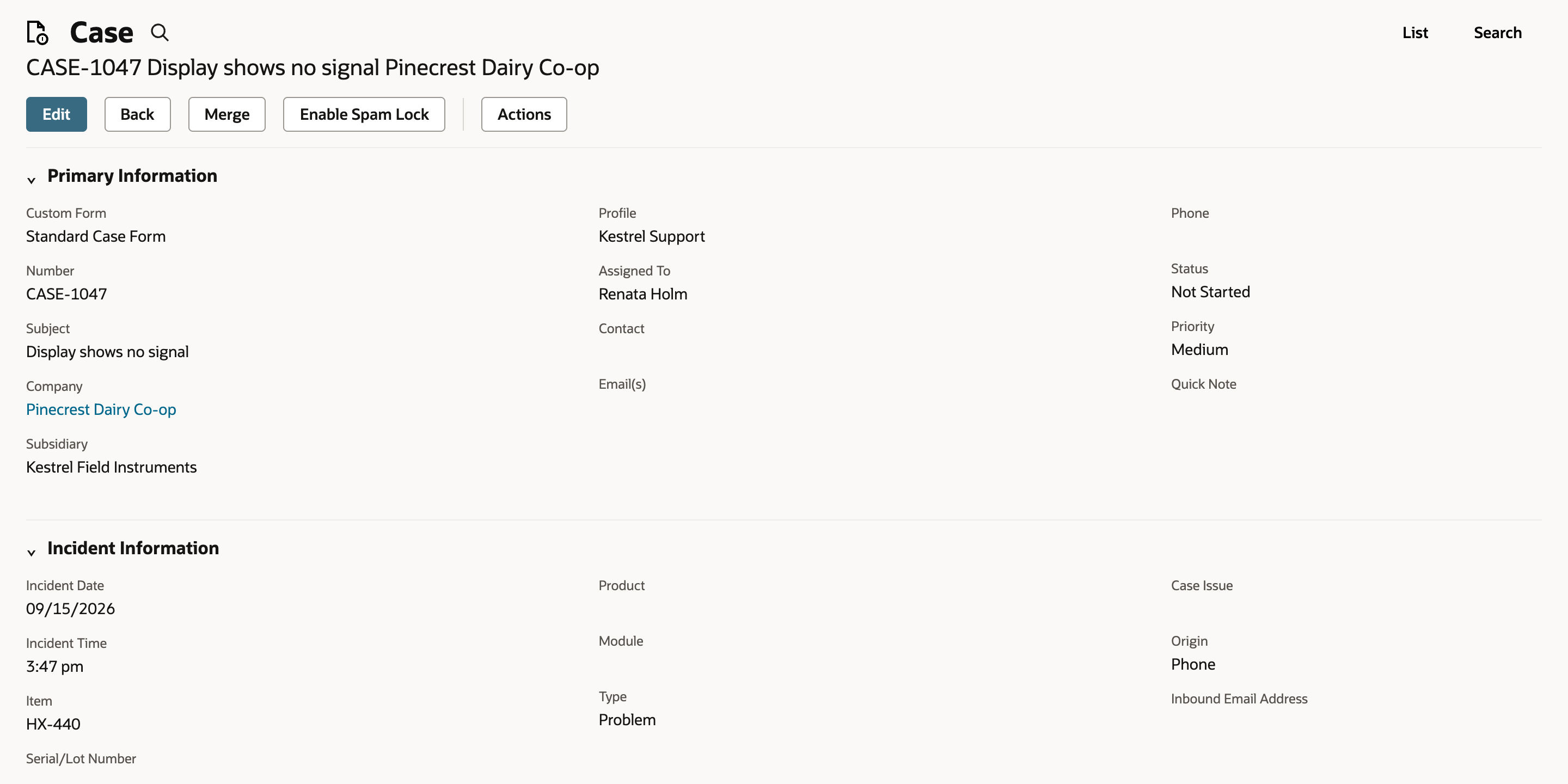Case CASE-1047 Display shows no signal for Pinecrest Dairy Co-op, with Incident Information showing Item HX-440.