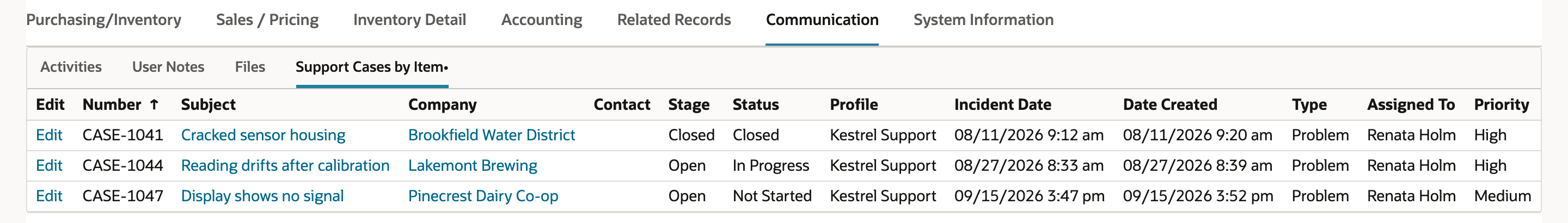 The Communication tab of HX-440 with the Support Cases by Item subtab open, listing CASE-1041 Cracked sensor housing, CASE-1044 Reading drifts after calibration and CASE-1047 Display shows no signal with their companies, stages and statuses.