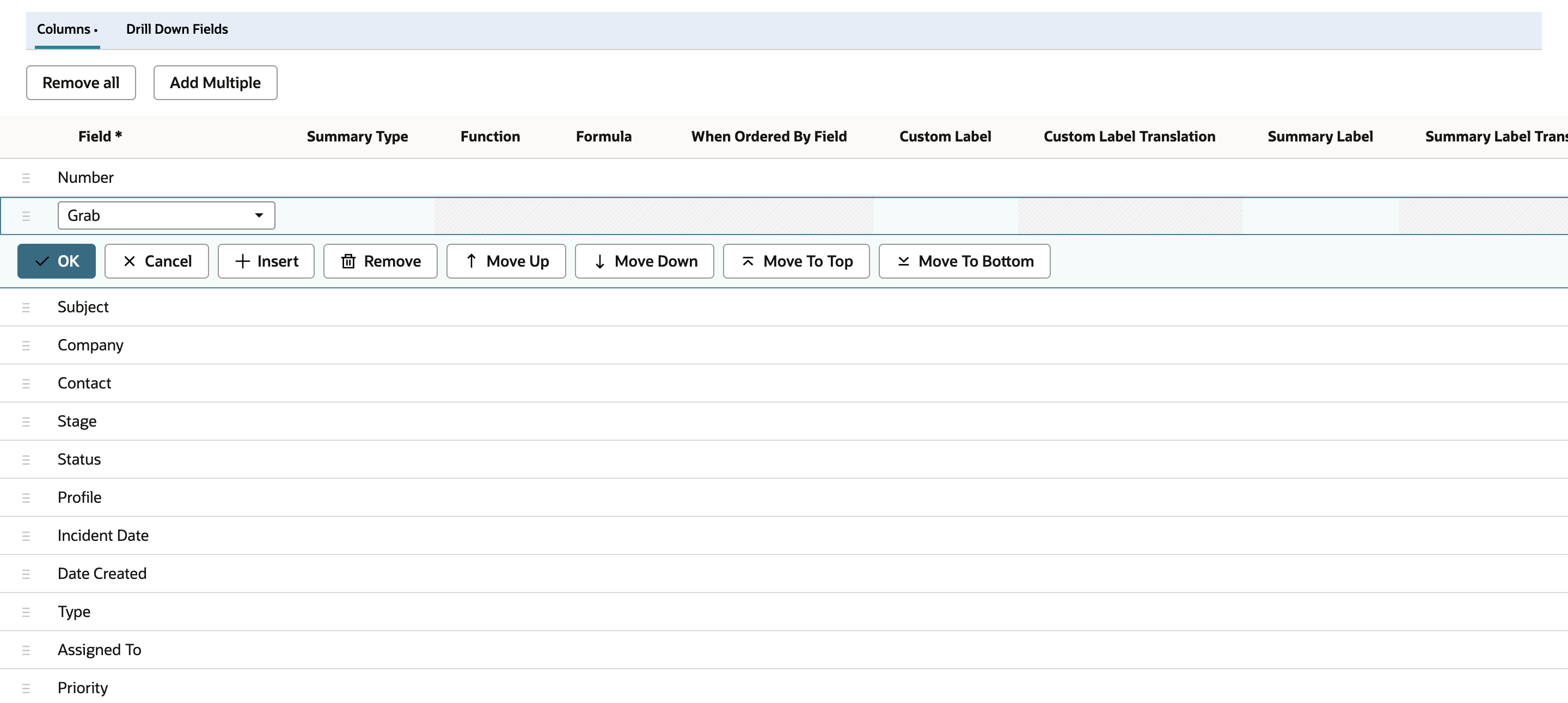The Results subtab Columns list with the Grab row open for editing and the buttons OK, Cancel, Insert, Remove, Move Up and Move Down below it. Number, Subject, Company, Contact, Stage, Status, Profile, Incident Date, Date Created, Type, Assigned To and Priority are the other columns.