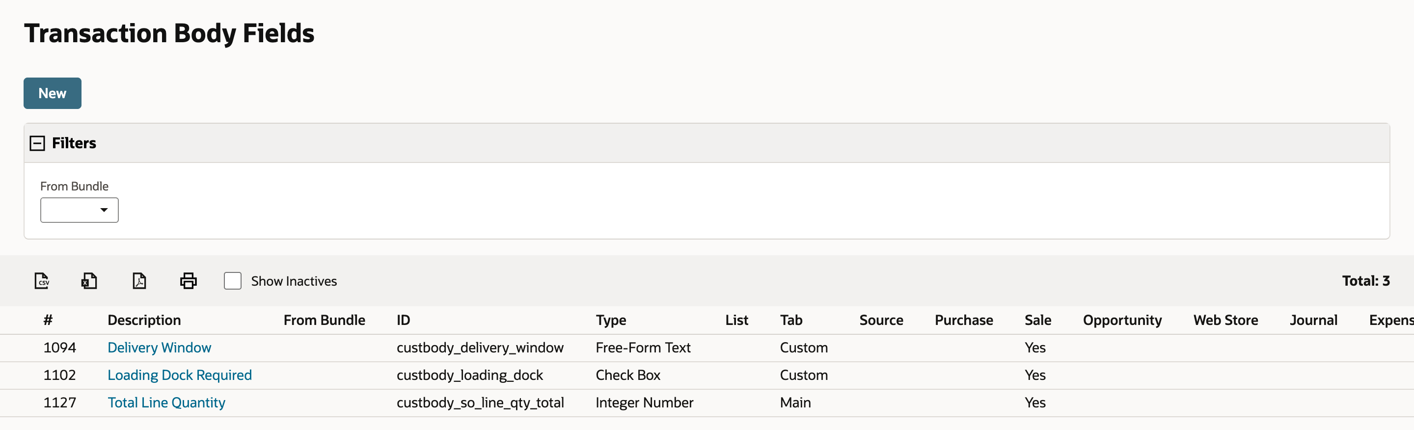 The Transaction Body Fields list with three rows. Total Line Quantity has ID custbody_so_line_qty_total, Type Integer Number, Tab Main, and Sale Yes.