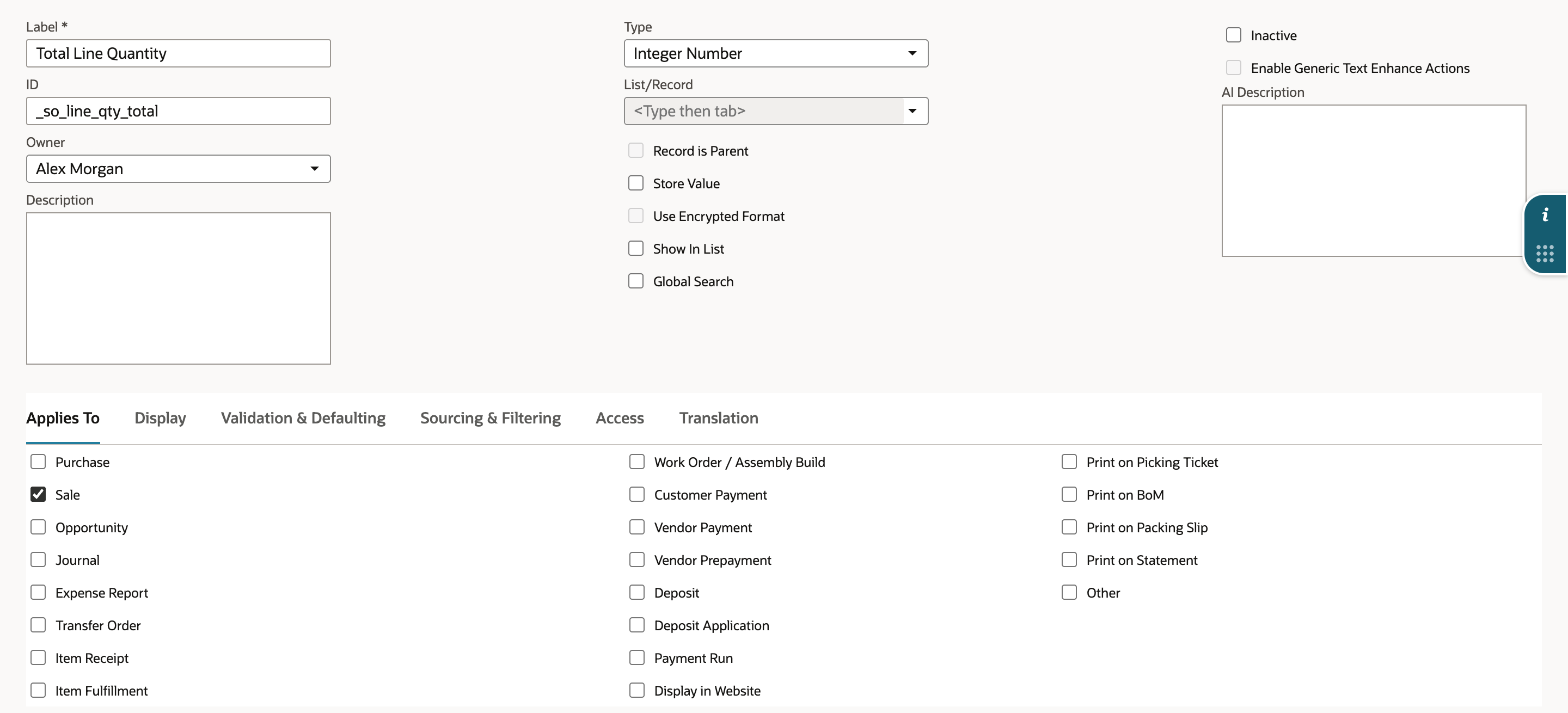 A new Transaction Body Field with Label Total Line Quantity, ID _so_line_qty_total, Type Integer Number, and Store Value unchecked. On the Applies To subtab, Sale is checked. An arrow points to Store Value.