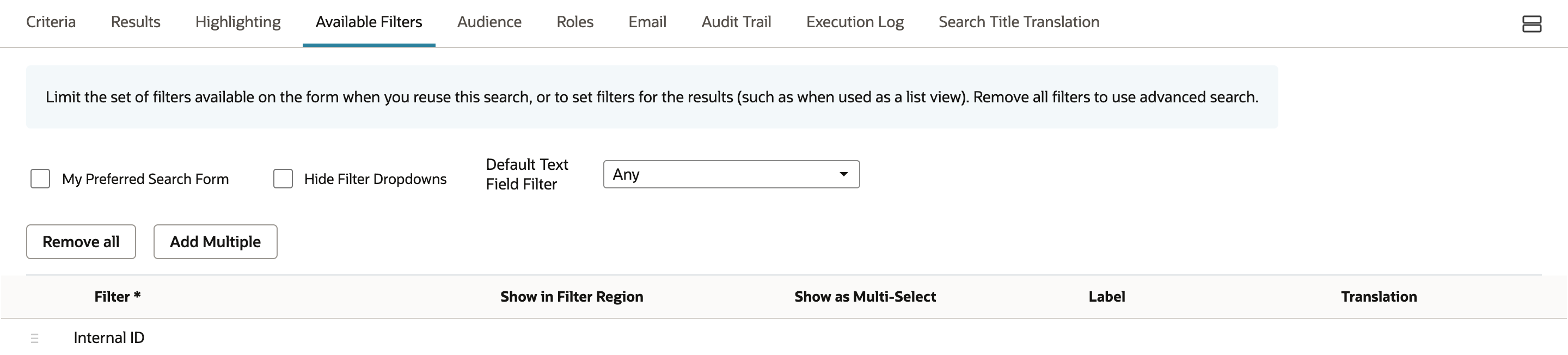 The Available Filters subtab with Internal ID added as the first filter row. An arrow points to Internal ID.