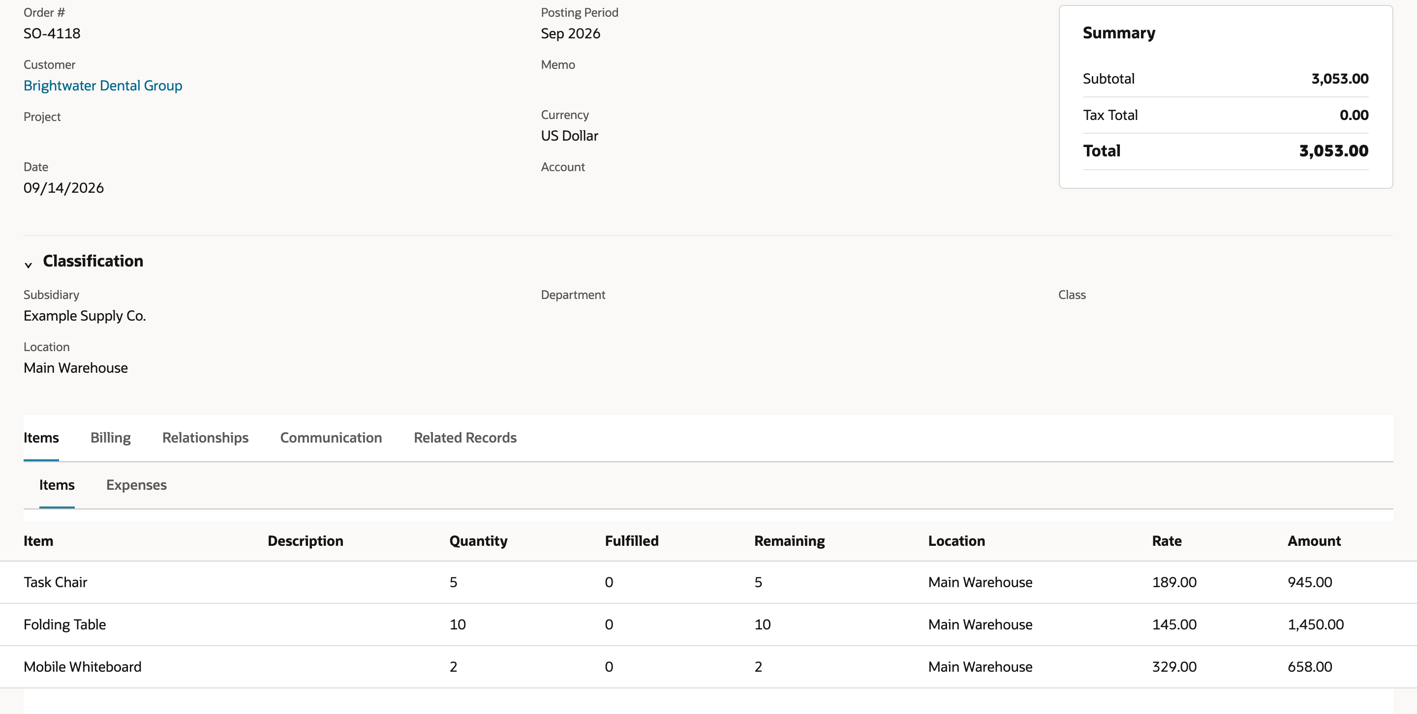 Sales order SO-4118 for Brightwater Dental Group scrolled to the Items subtab. Quantity is 5 for Task Chair, 10 for Folding Table, and 2 for Mobile Whiteboard. The header fields above show no total quantity.