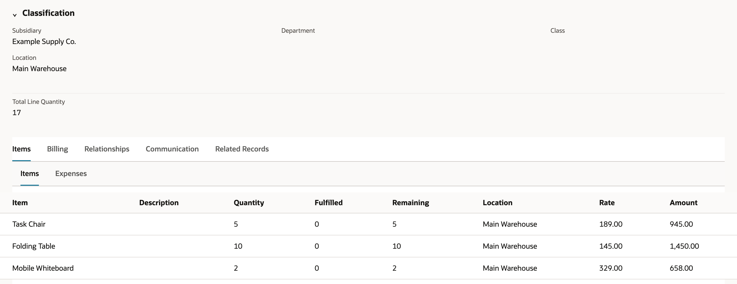 SO-4118 in view mode, scrolled past Classification. Total Line Quantity shows 17 above the Items subtab, where Task Chair is 5, Folding Table is 10, and Mobile Whiteboard is 2. An arrow points to 17.