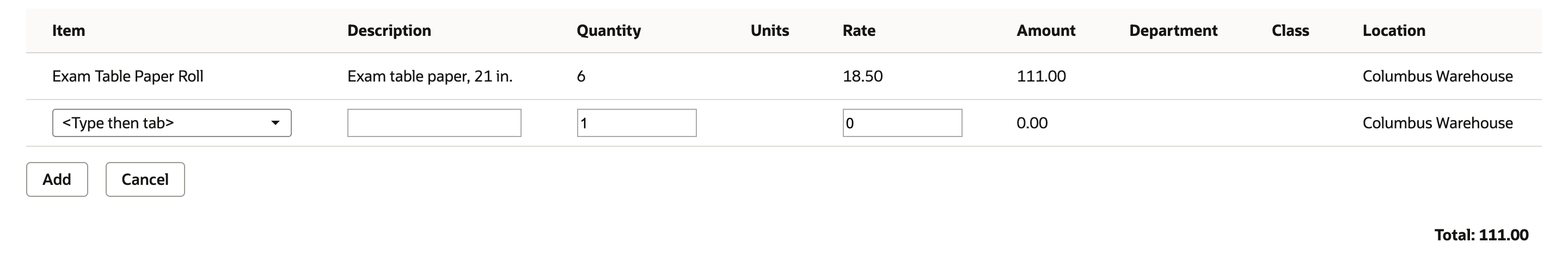 Items subtab with one line: Exam Table Paper Roll, quantity 6, rate 18.50, amount 111.00, and Total 111.00.