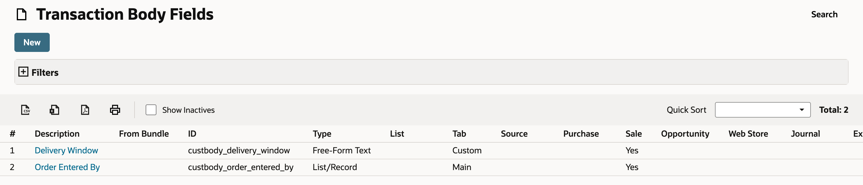 Transaction Body Fields list with two rows: Delivery Window and Order Entered By, ID custbody_order_entered_by, Type List/Record, Tab Main, Sale Yes.