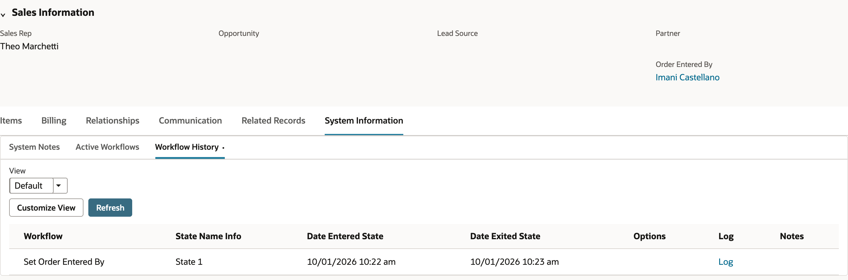 SO1044 after the memo edit: Order Entered By Imani Castellano and Workflow History still showing one Set Order Entered By row for State 1.